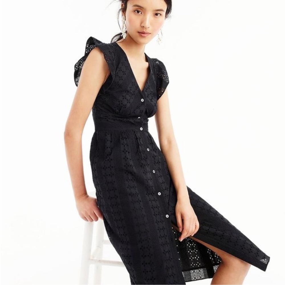 J. Crew Ruffle Sleeve Eyelet Dress Black Size 0 - Picture 5 of 14